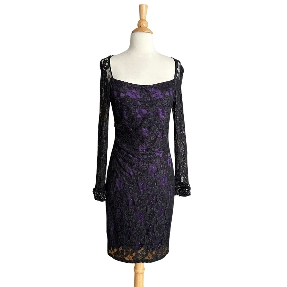 DAVID MEISTER Black Lace Cocktail Dress Beaded Cuffs, Purple‎ Lining Size 6